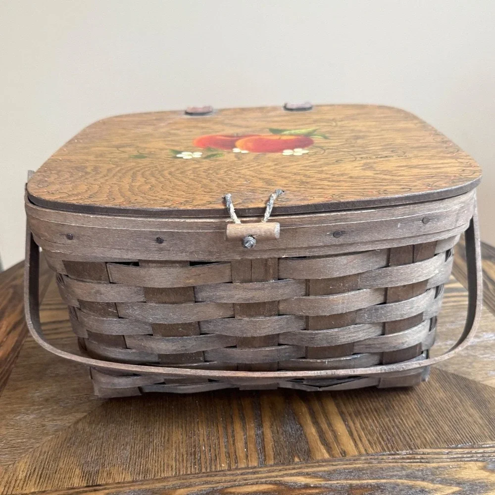 Vintage Apple Basket - Hand Painted Signed Beth Kankel 1981 Woven Picnic Basket